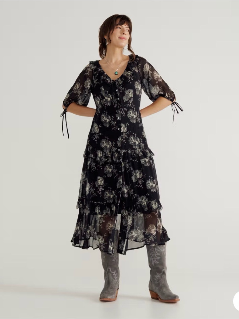 Tecovas Black Floral Ruffle Midi Dress